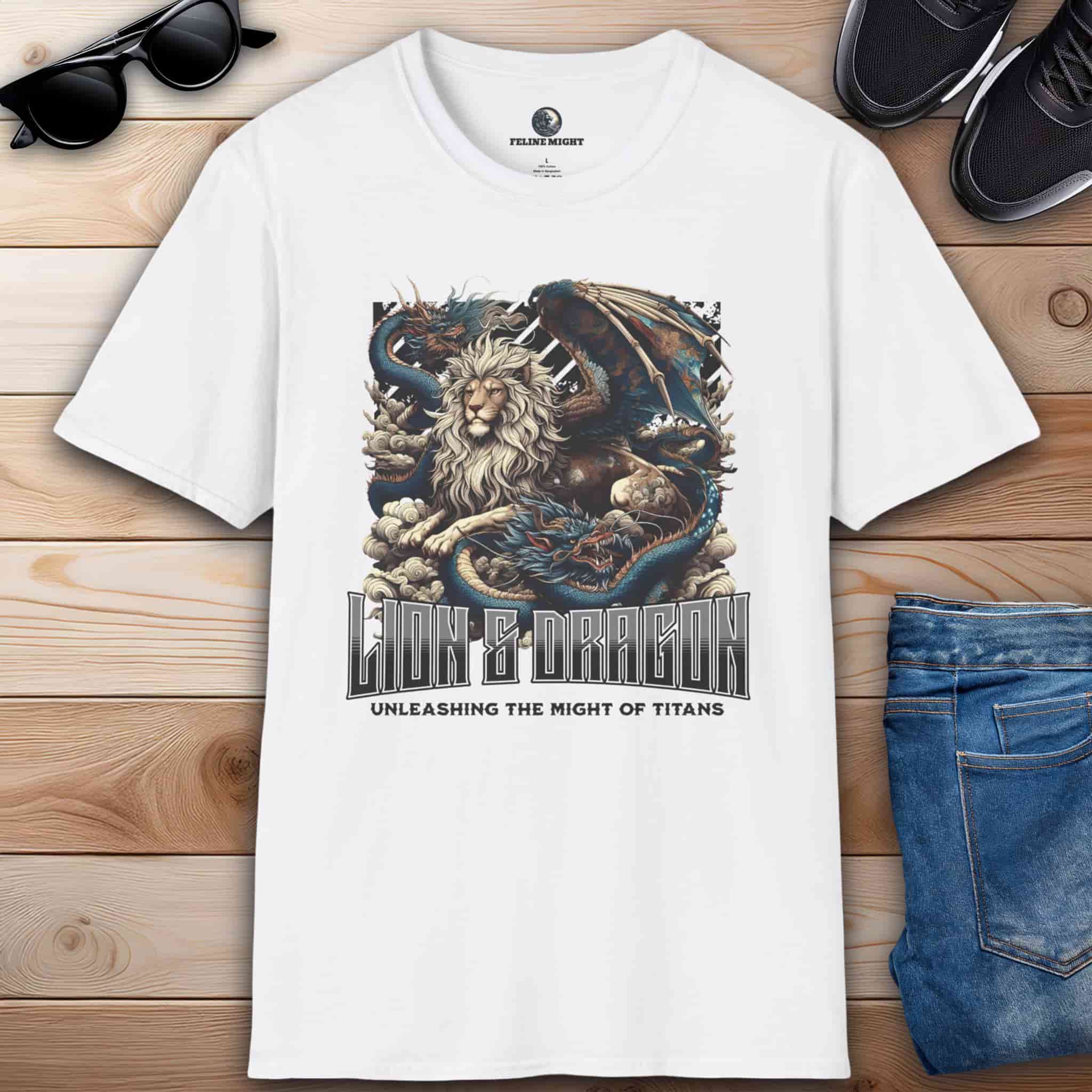 A white Lion and Dragon Might of Titans T-Shirt featuring a graphic design with a lion and dragon, showcasing the theme 'Unleashing the Might of Titans.'