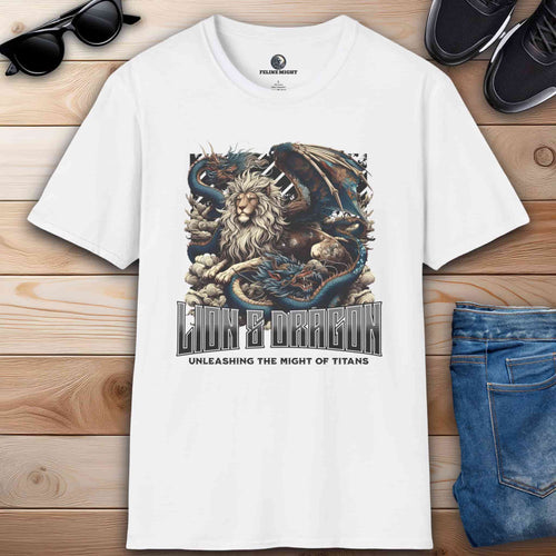 A white Lion and Dragon Might of Titans T-Shirt featuring a graphic design with a lion and dragon, showcasing the theme 'Unleashing the Might of Titans.'