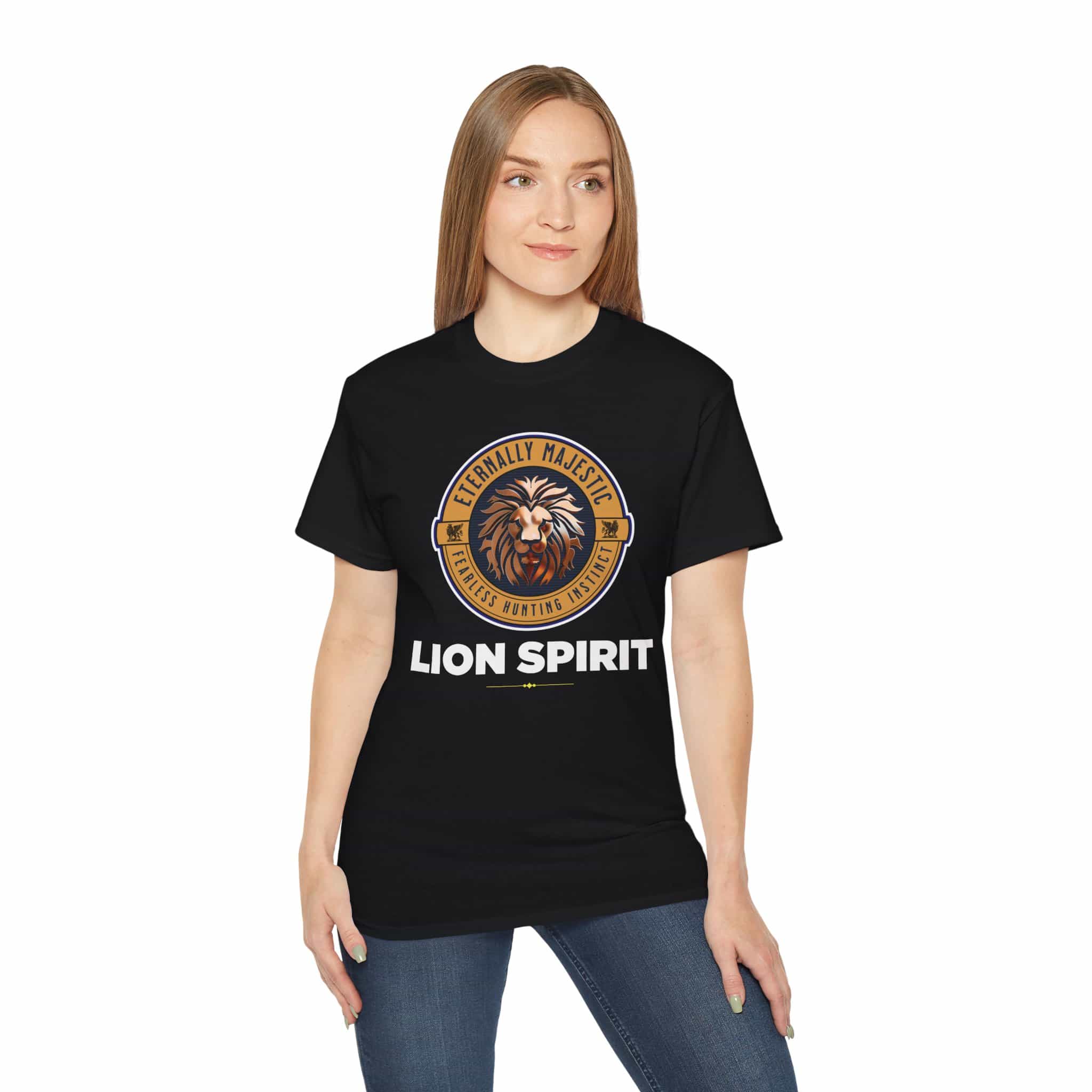A woman wearing a black Lion Spirit Eternally Majestic T-Shirt with a lion design and the text 'Eternally Majestic, Fearless Hunting Instinct'.