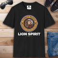 A black Lion Spirit Eternally Majestic T-Shirt with a lion design and the text 'Eternally Majestic, Fearless Hunting Instinct'.