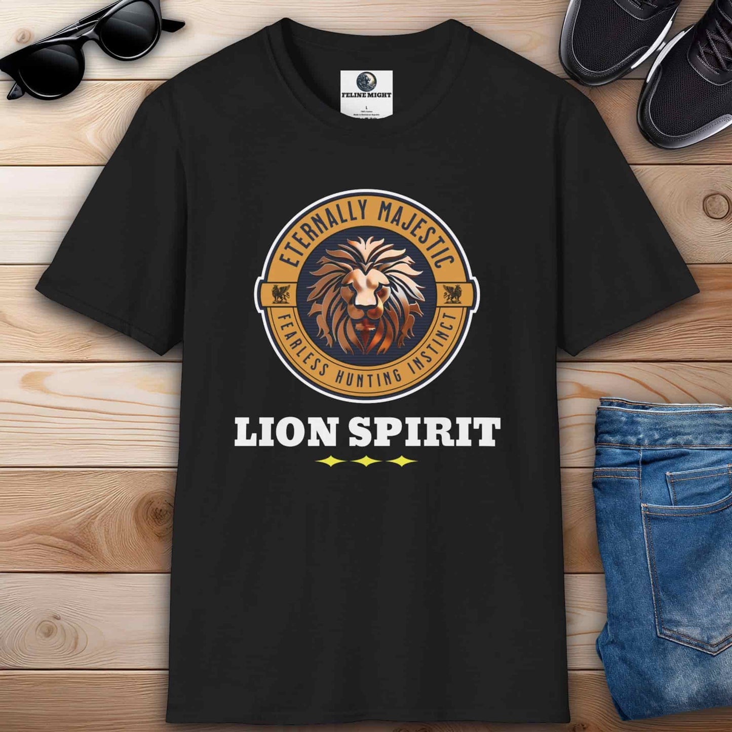A black t-shirt featuring the 'Eternally Majestic' phrase with a lion graphic – Lion Spirit T-Shirt.