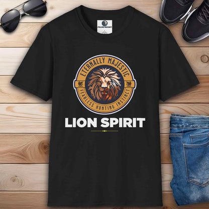 A black Lion Spirit T-Shirt with a lion design and the text 'Eternally Majestic, Fearless Hunting Instinct'.
