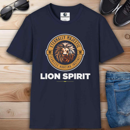 A navy blue Lion Spirit T-Shirt with a lion design and the text 'Eternally Majestic, Fearless Hunting Instinct'.