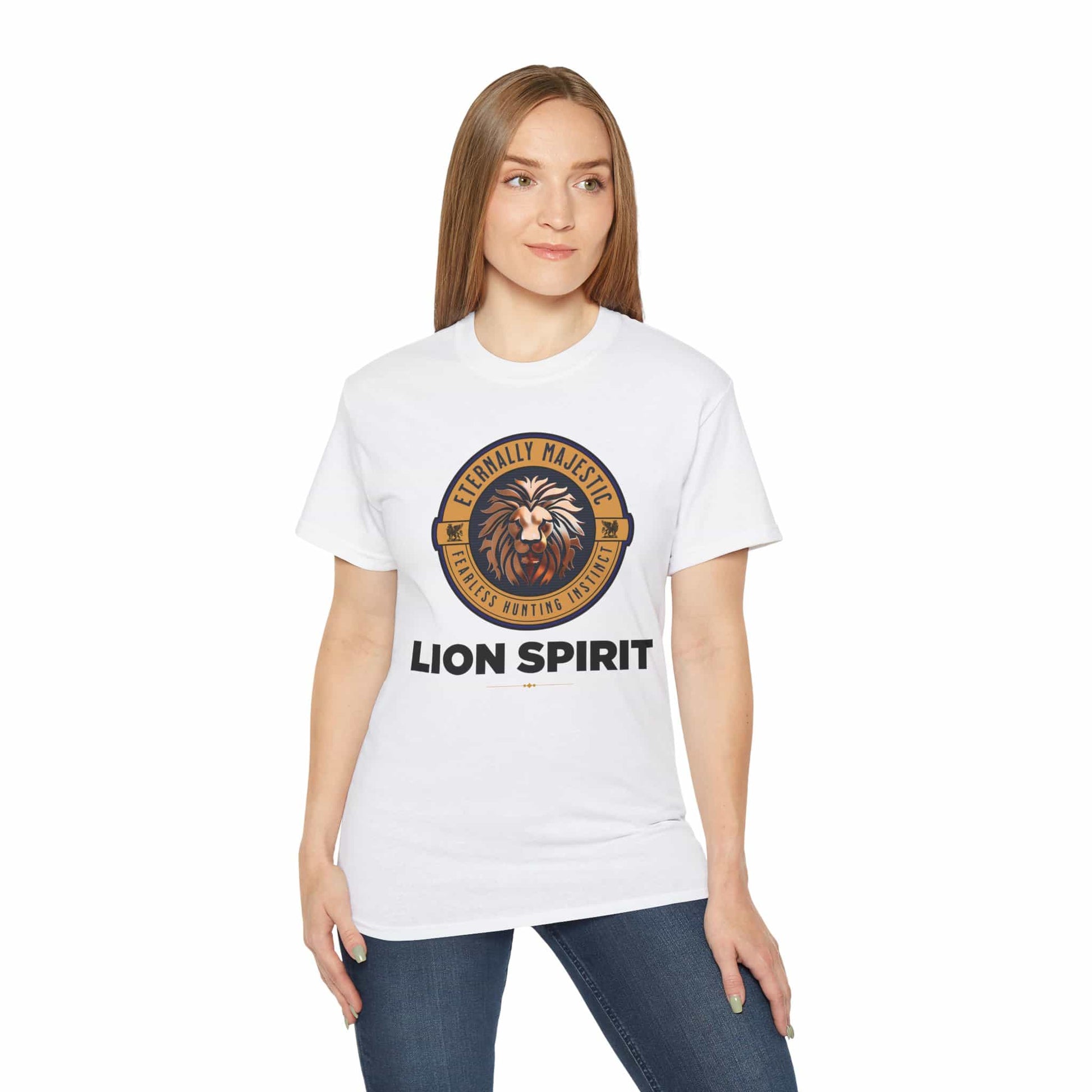 A woman wearing a white Lion Spirit T-Shirt with a lion design and the text 'Eternally Majestic, Fearless Hunting Instinct'.