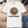 A white Lion Spirit Eternally Majestic T-Shirt with a lion design and the text 'Eternally Majestic, Fearless Hunting Instinct'.