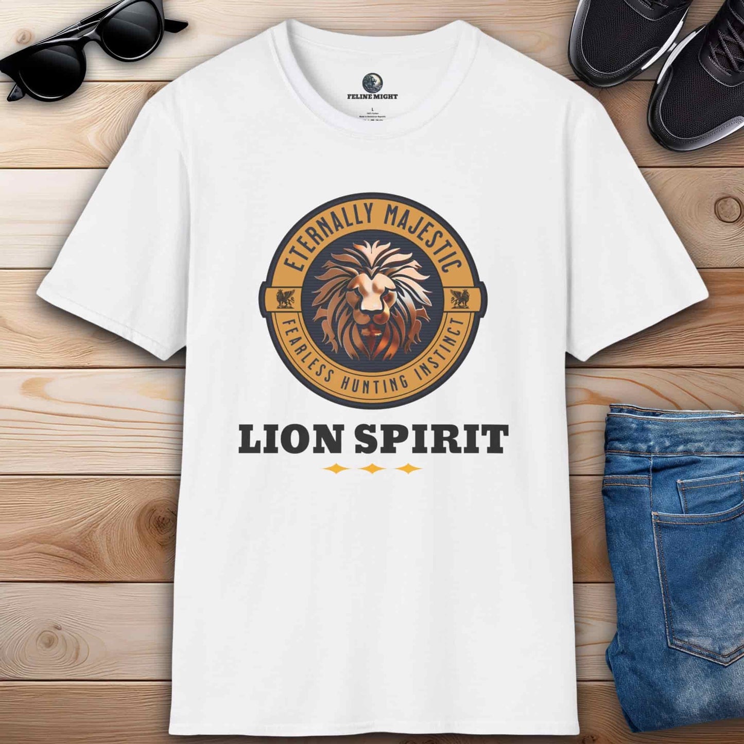 A white t-shirt featuring the 'Eternally Majestic' phrase with a lion graphic – Lion Spirit T-Shirt.