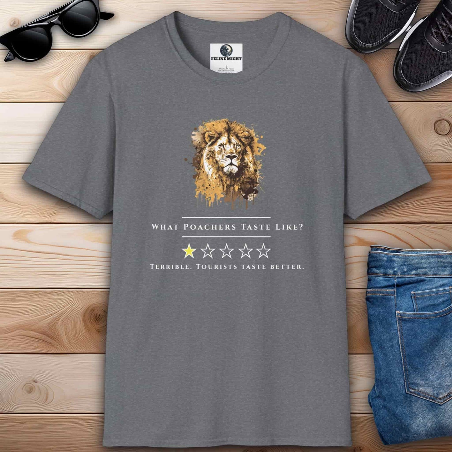 An athletic heather grey t-shirt showcasing a lion's head with a satirical quote about poachers and tourists.