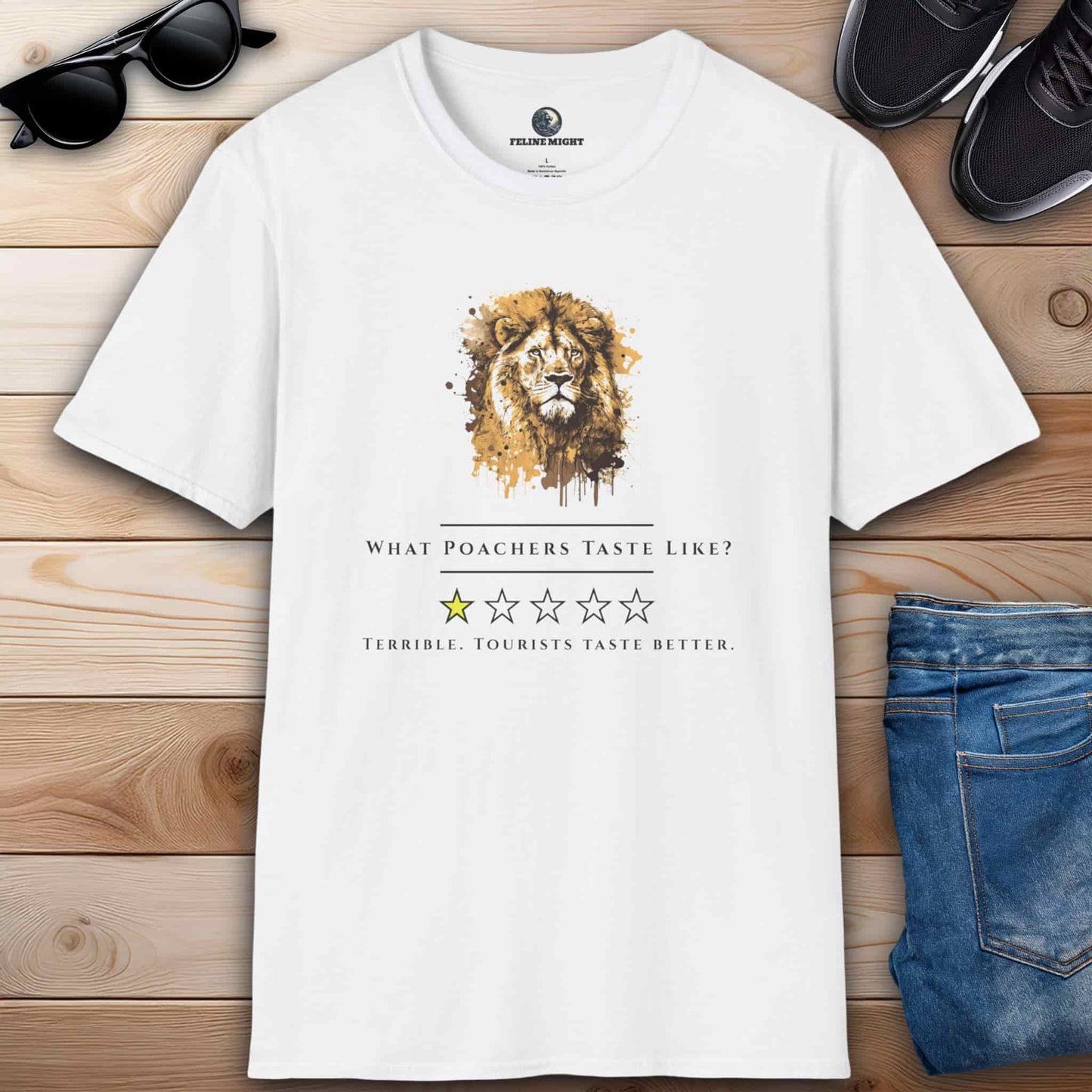 A white t-shirt showcasing a lion's head with a satirical quote about poachers and tourists.