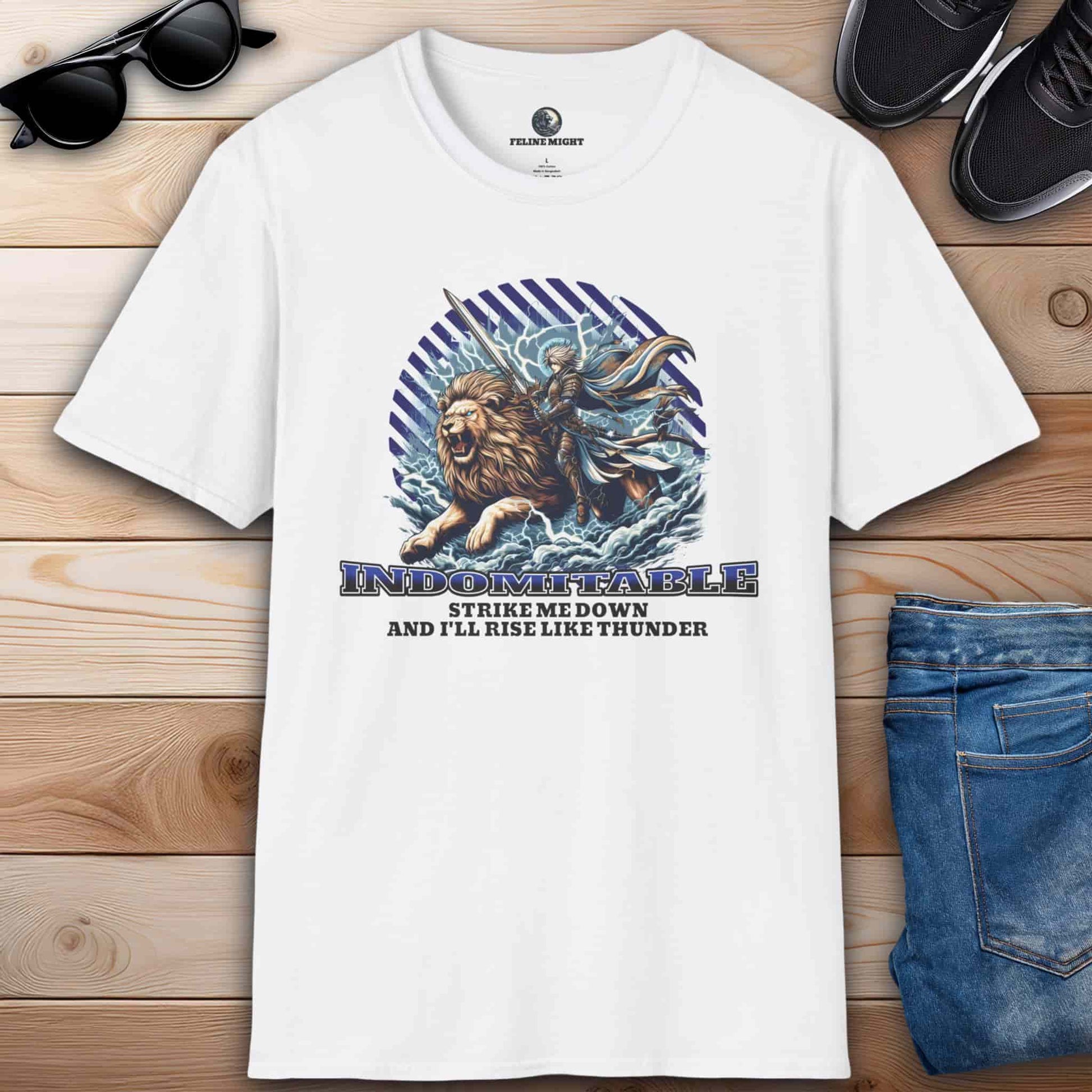 White t-shirt featuring an indomitable lion and warrior graphic with the quote 'Strike me down and I'll rise like thunder.'