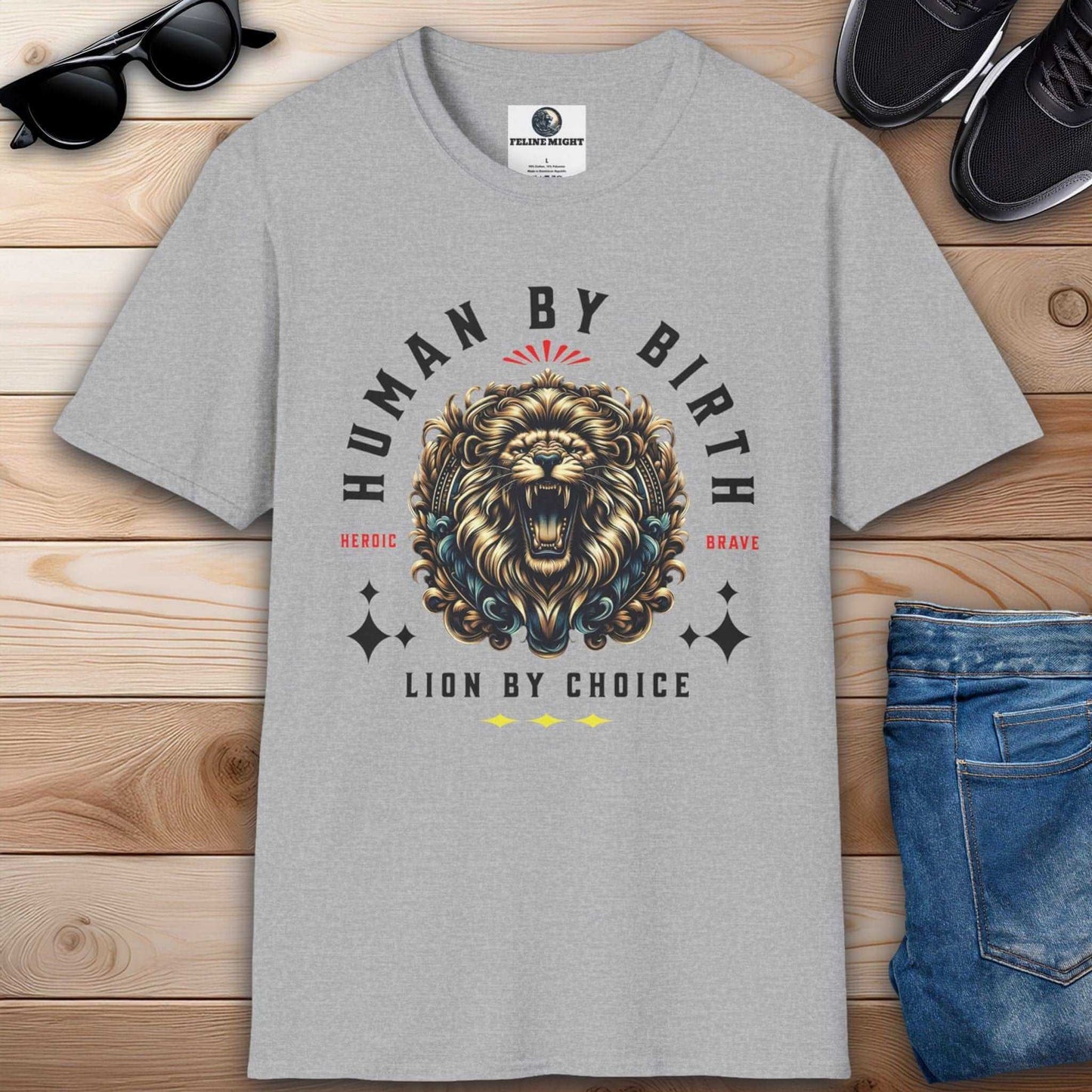 Grey t-shirt with 'Human By Birth, Lion By Choice' graphic featuring a roaring lion