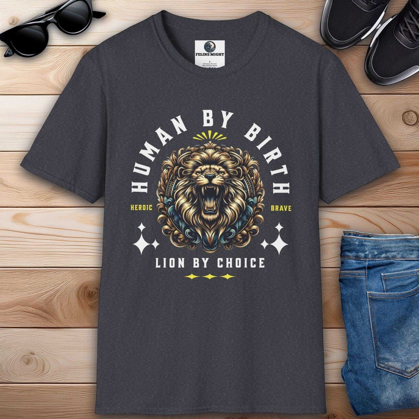 Dark heather grey t-shirt with 'Human By Birth, Lion By Choice' graphic featuring a roaring lion