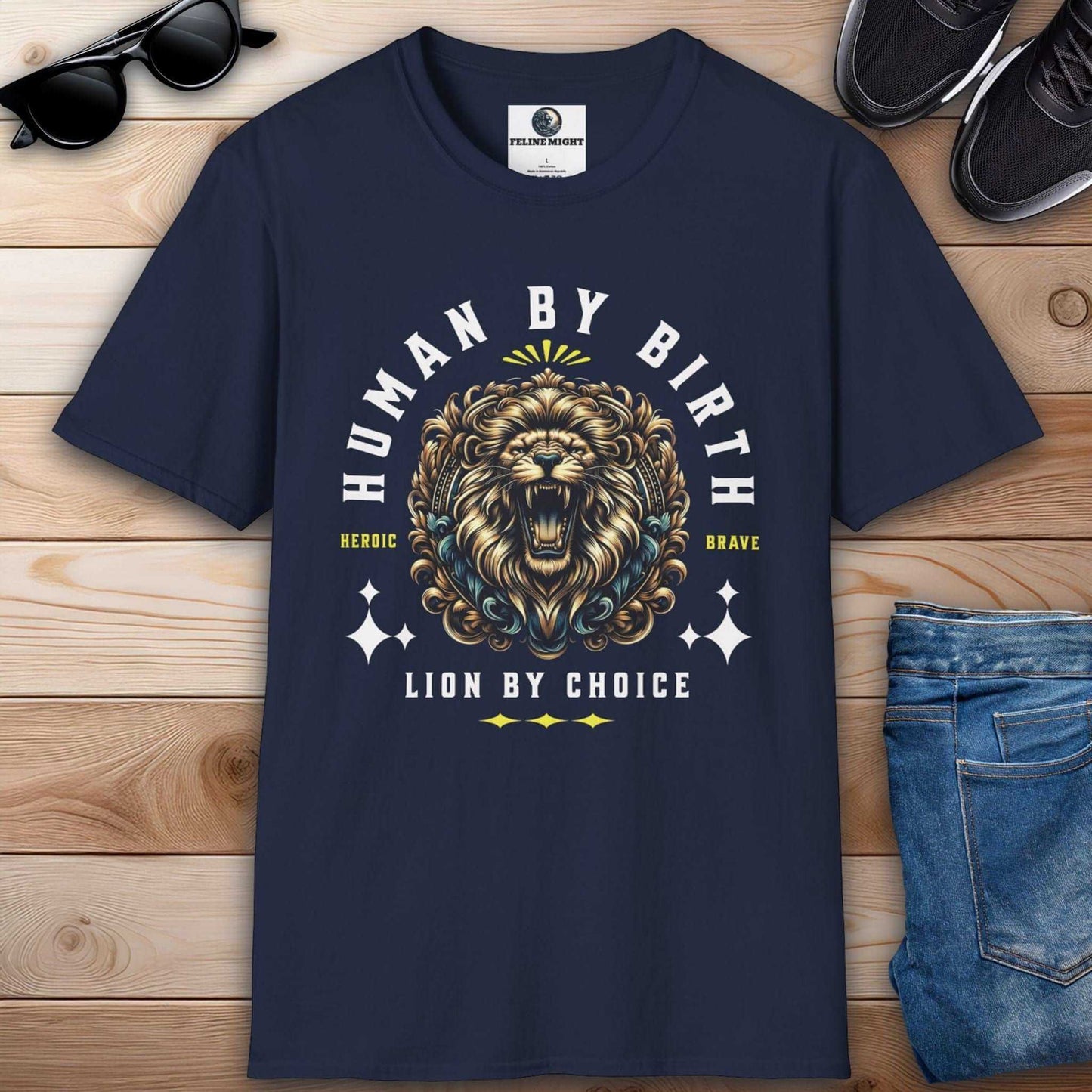 Navy blue t-shirt with 'Human By Birth, Lion By Choice' graphic featuring a roaring lion