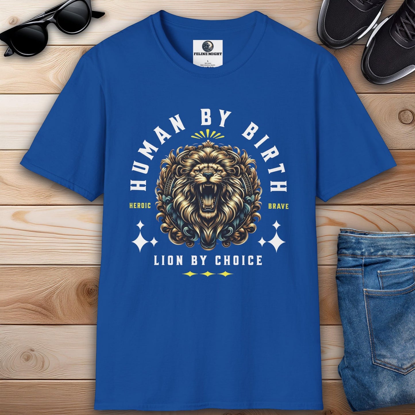 Royal Blue t-shirt with 'Human By Birth, Lion By Choice' graphic featuring a roaring lion