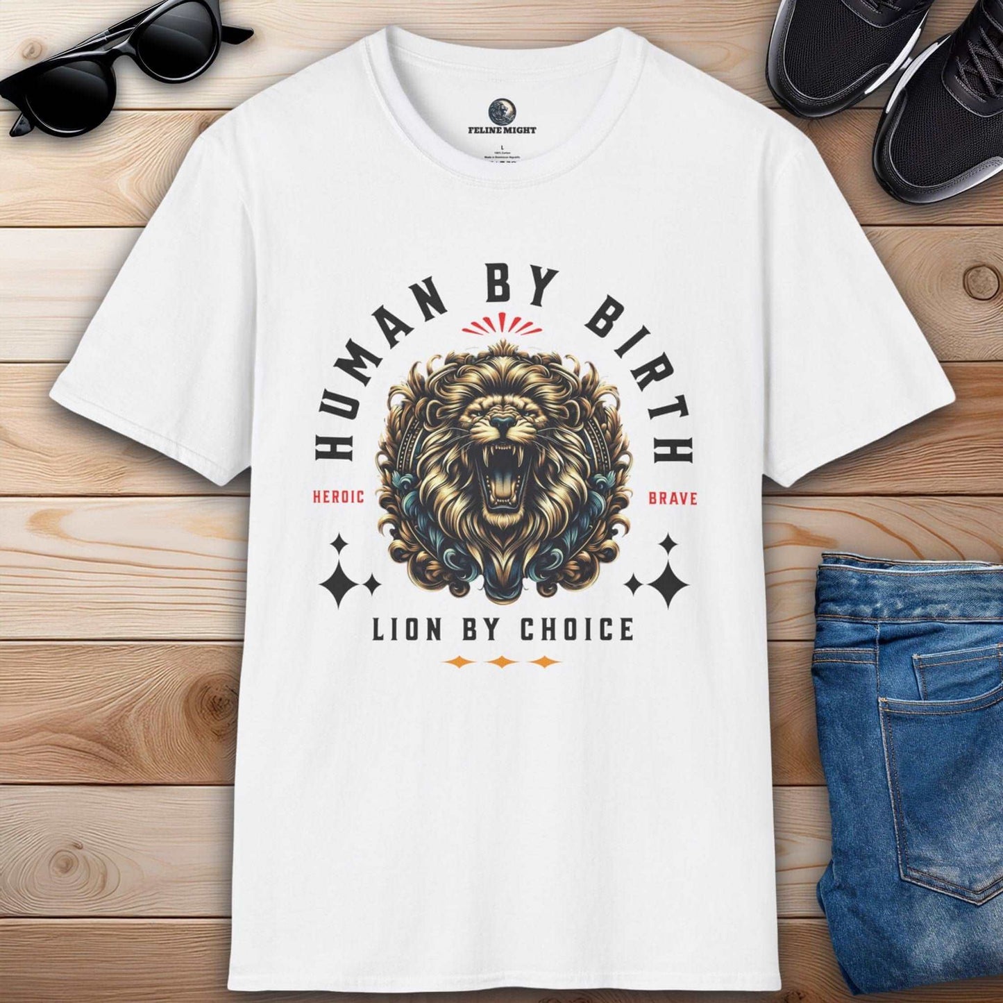 White t-shirt with 'Human By Birth, Lion By Choice' graphic featuring a roaring lion