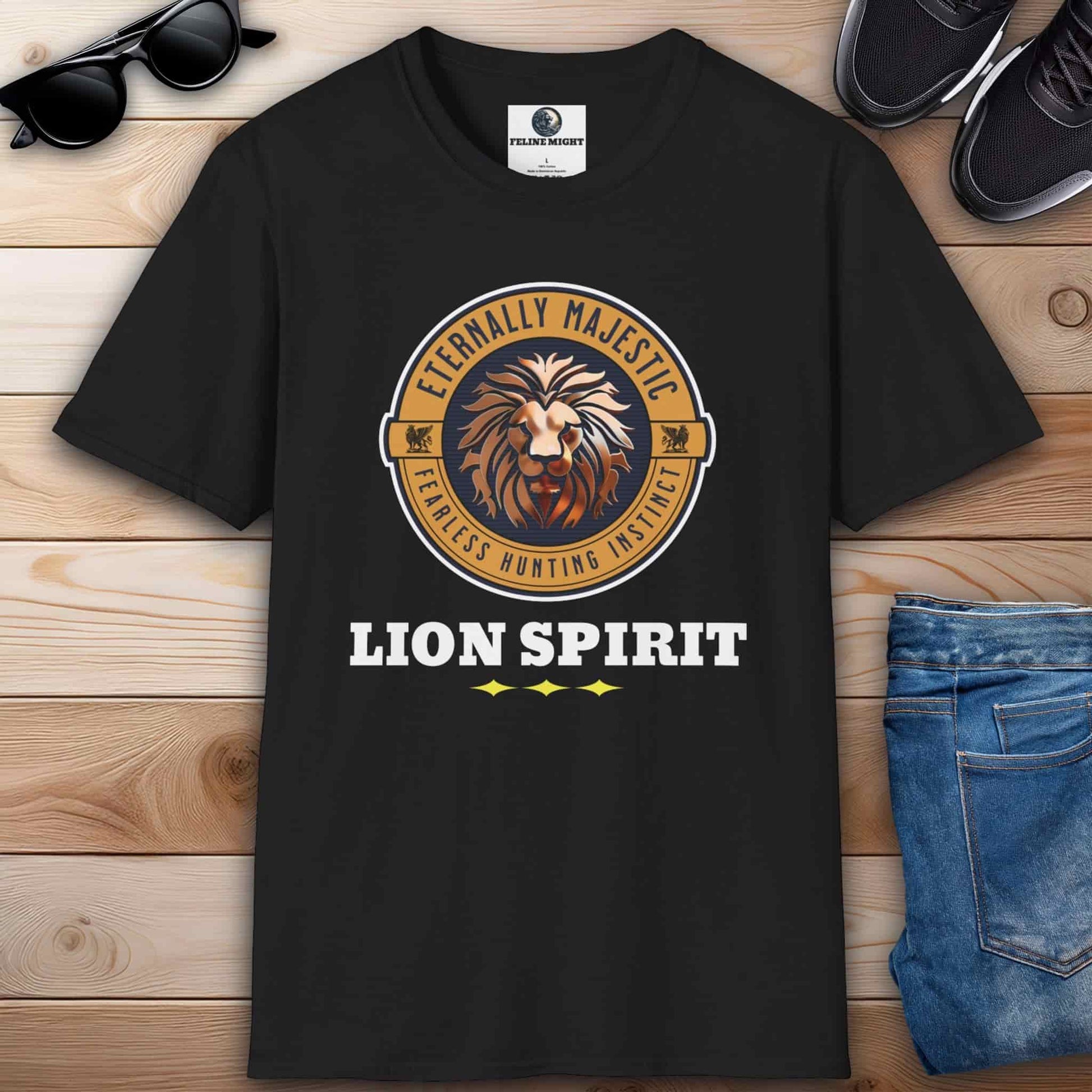 Black t-shirt featuring 'Lion Spirit' design with a majestic lion graphic.