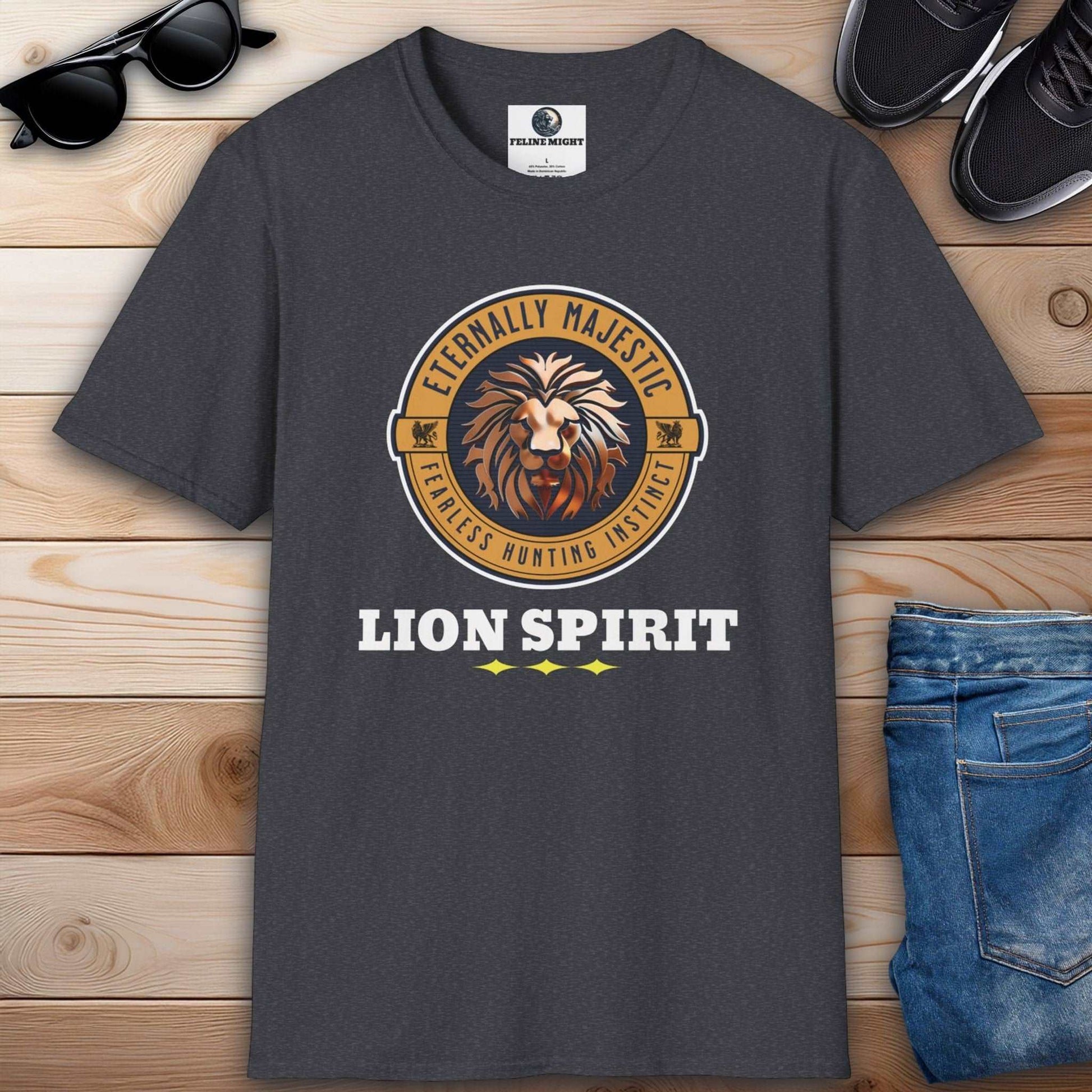 Dark heather grey graphic tee featuring a majestic lion and the words 'Lion Spirit' for a fierce look