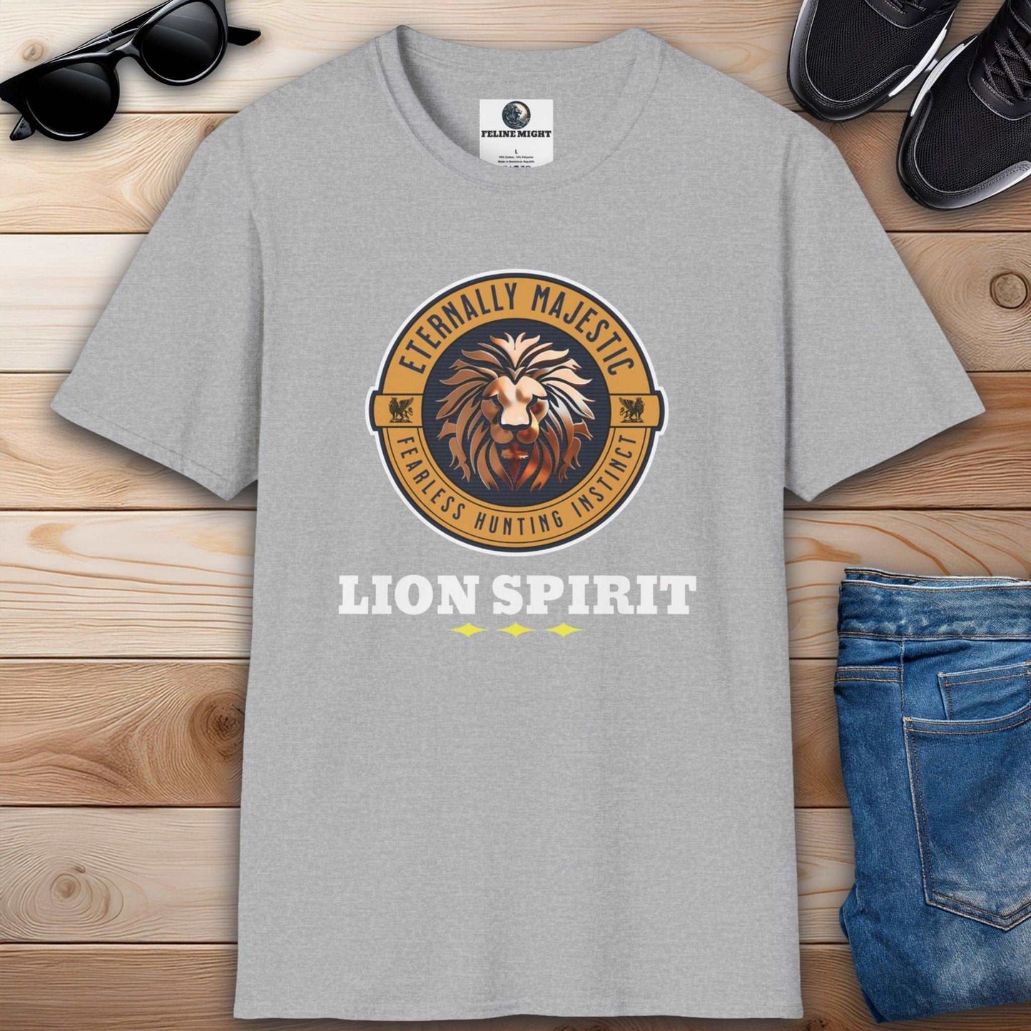 Grey graphic tee featuring a majestic lion and the words 'Lion Spirit' for a fierce look