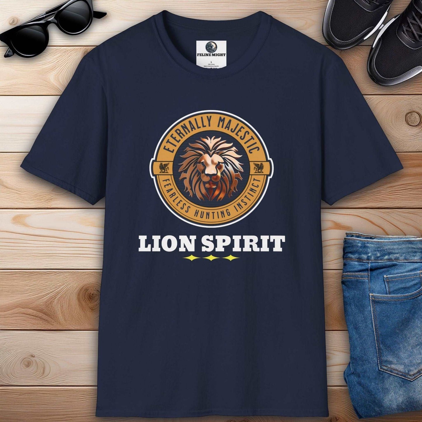 Navy blue graphic tee featuring a majestic lion and the words 'Lion Spirit' for a fierce look