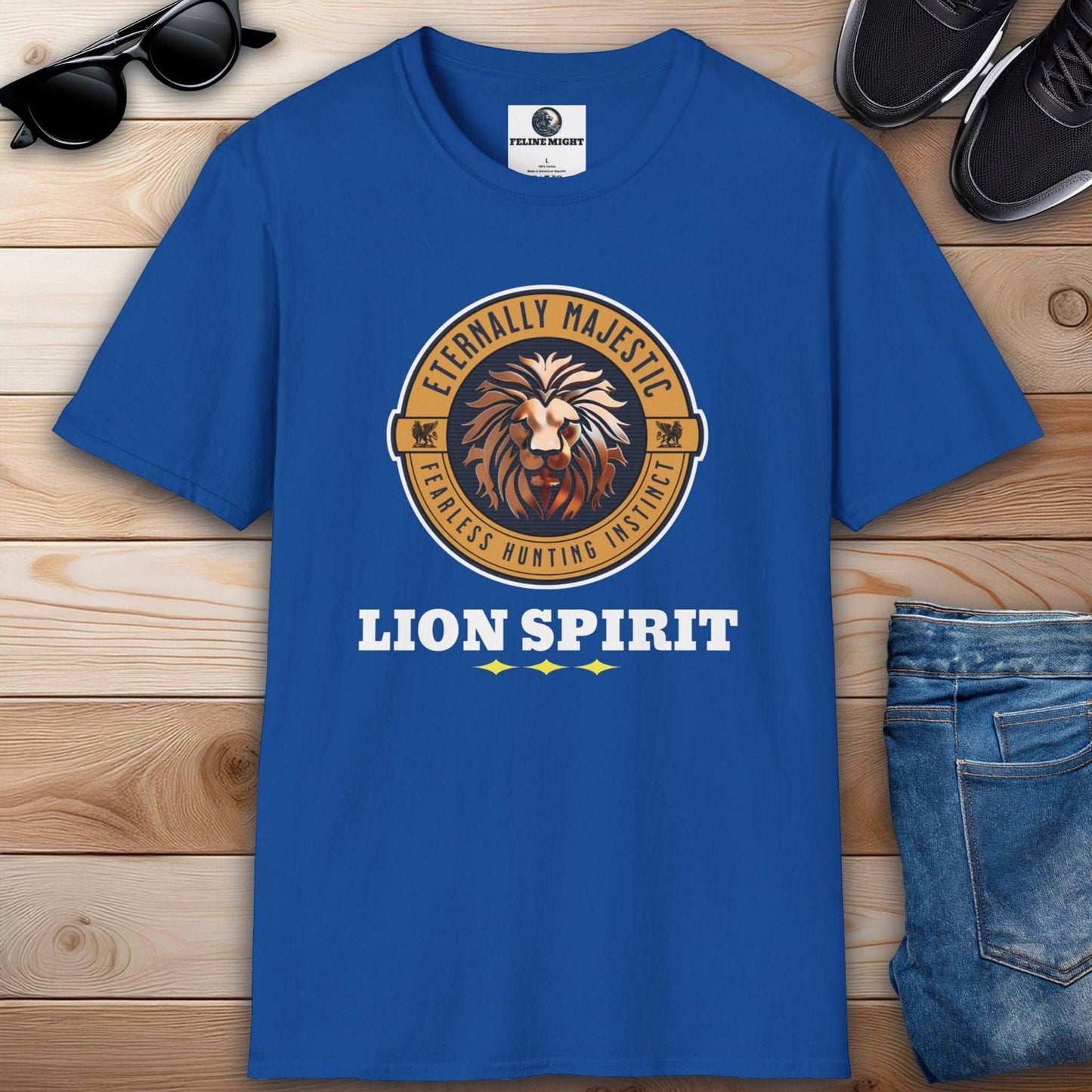 Royal blue graphic tee featuring a majestic lion and the words 'Lion Spirit' for a fierce look