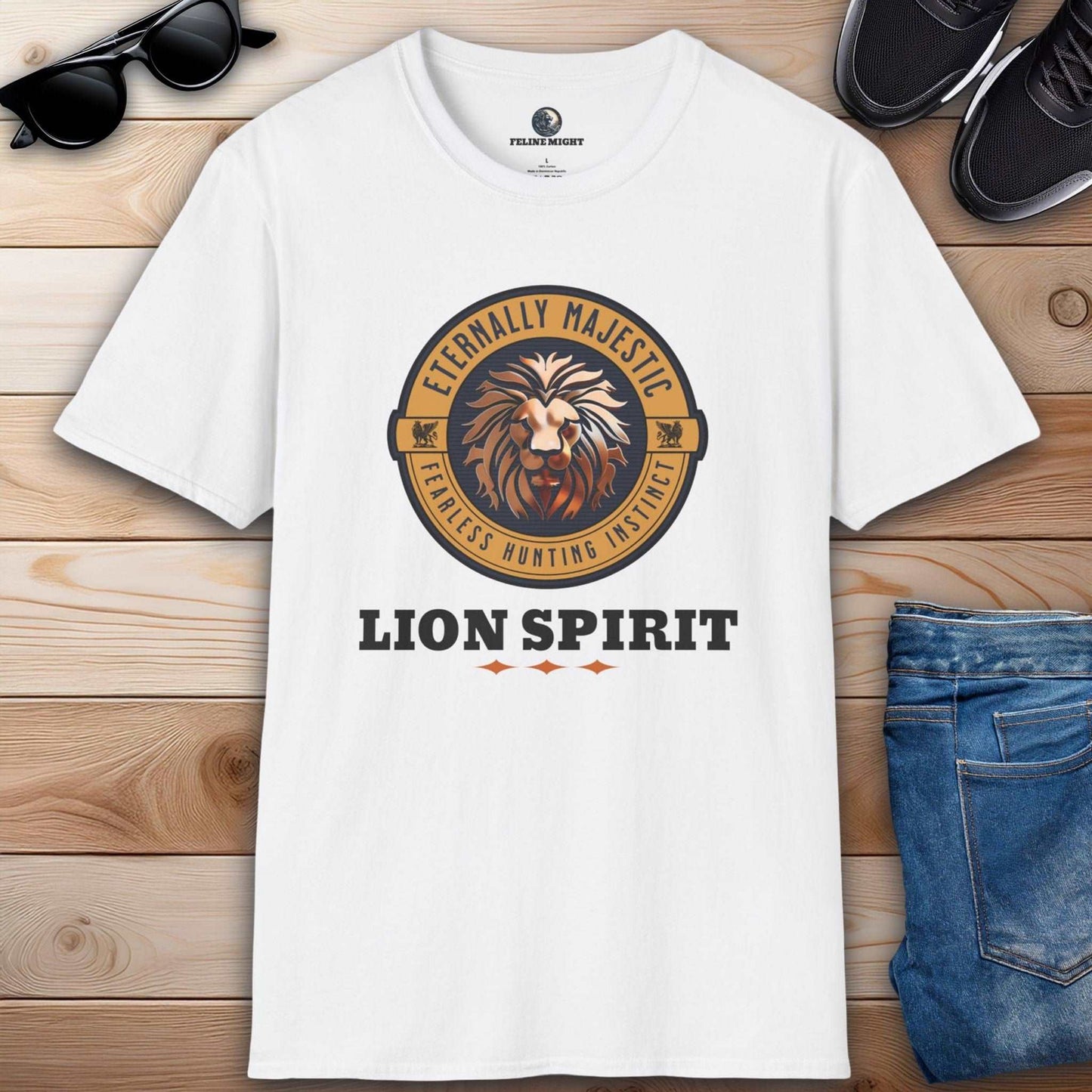 White graphic tee featuring a majestic lion and the words 'Lion Spirit' for a fierce look