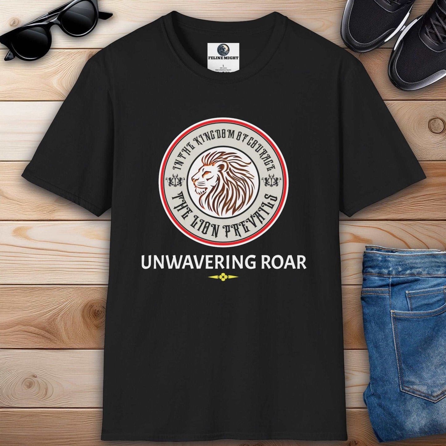 Elegant black graphic t-shirt featuring a lion graphic and the text 'UNWAVERING ROAR'