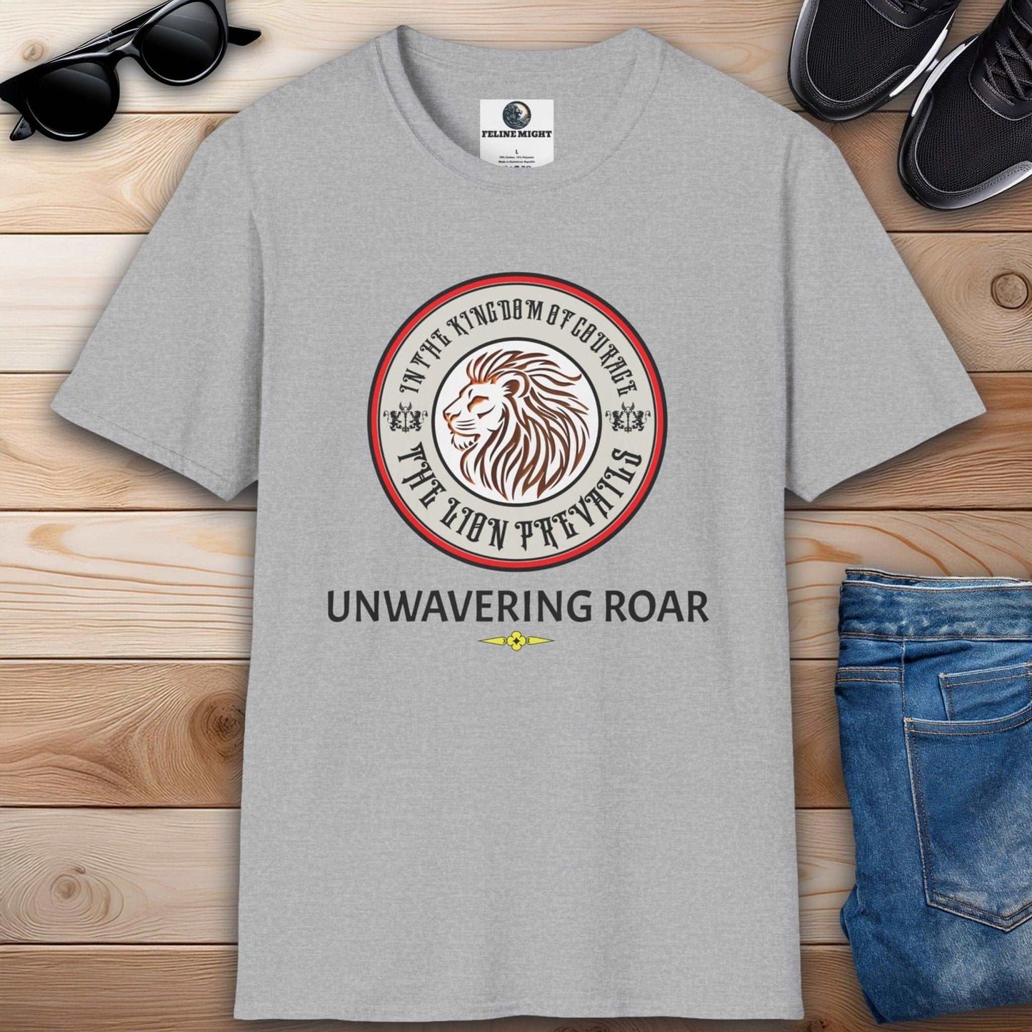 Elegant grey graphic t-shirt featuring a lion graphic and the text 'UNWAVERING ROAR'