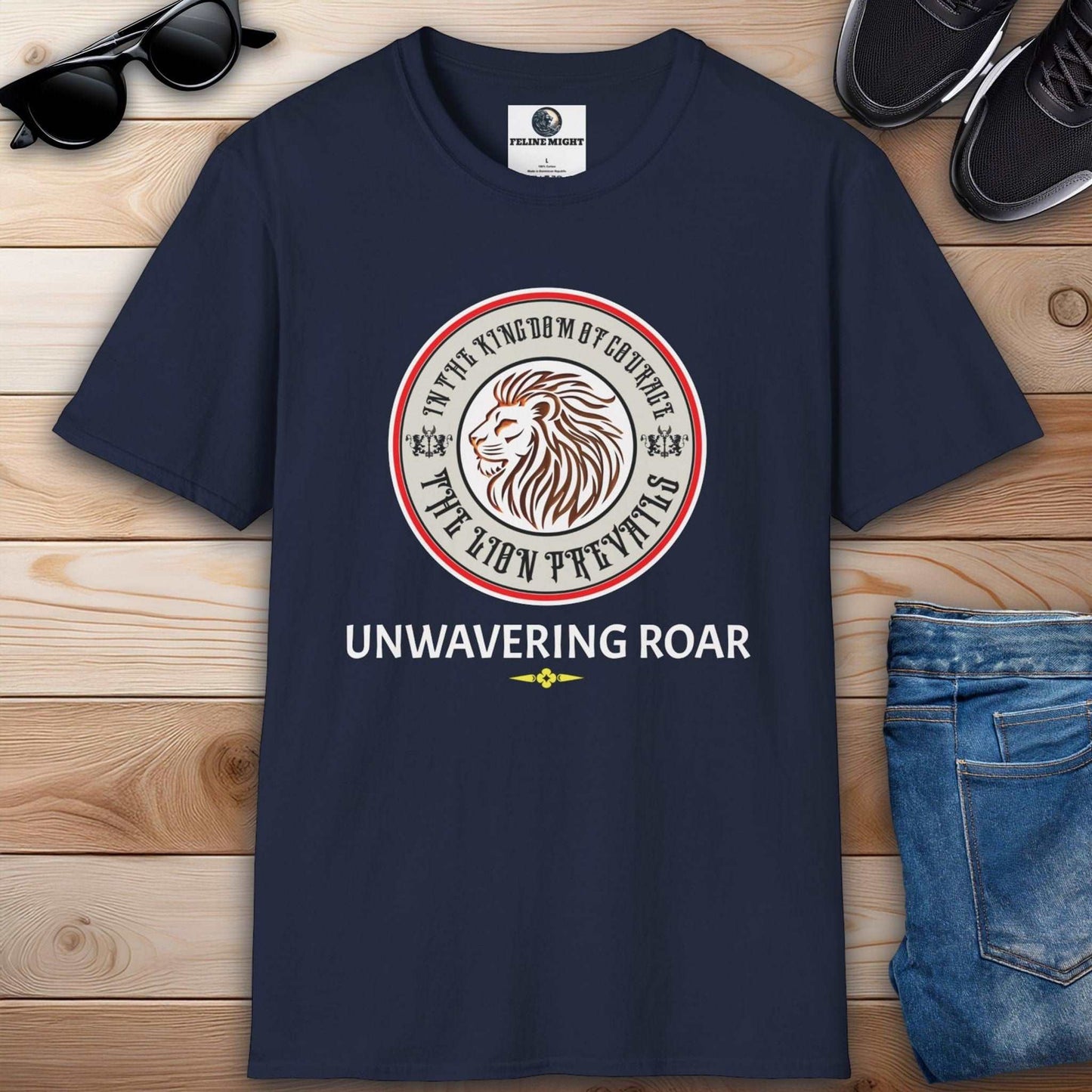 Elegant navy blue graphic t-shirt featuring a lion graphic and the text 'UNWAVERING ROAR'