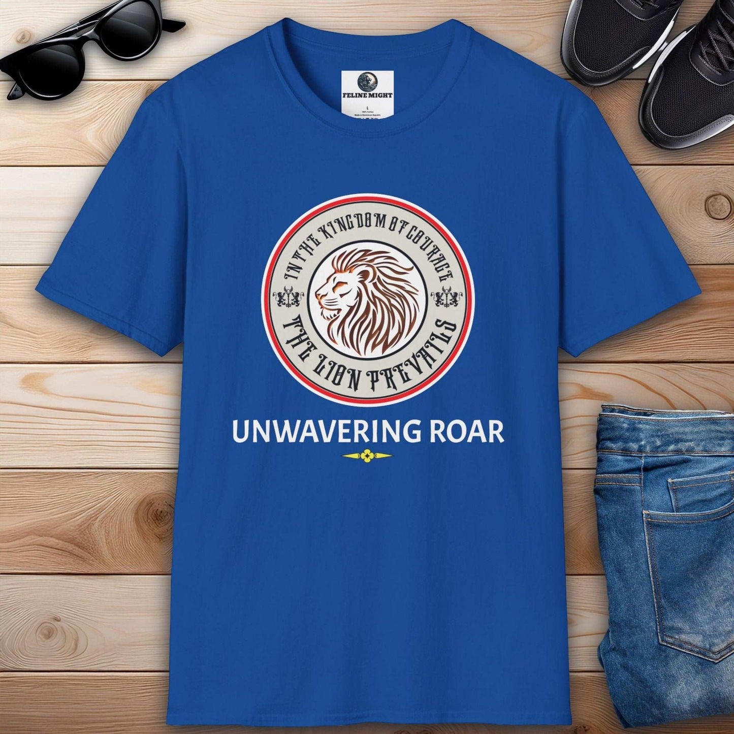 Elegant royal blue graphic t-shirt featuring a lion graphic and the text 'UNWAVERING ROAR'