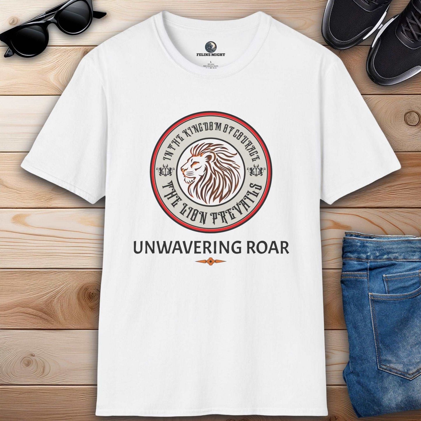 Elegant white graphic t-shirt featuring a lion graphic and the text 'UNWAVERING ROAR'