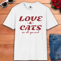 A white Love & Cats Graphic T-Shirt emphasizing a passion for felines and affection, perfect for cat lovers who enjoy fun and casual wear.