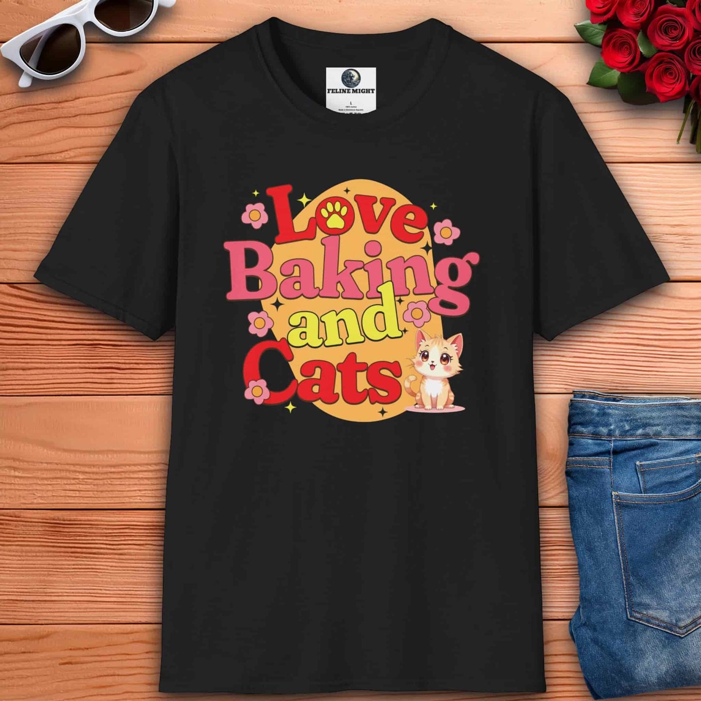 Black t-shirt with 'Love Baking and Cats' design featuring a cute cat and flowers