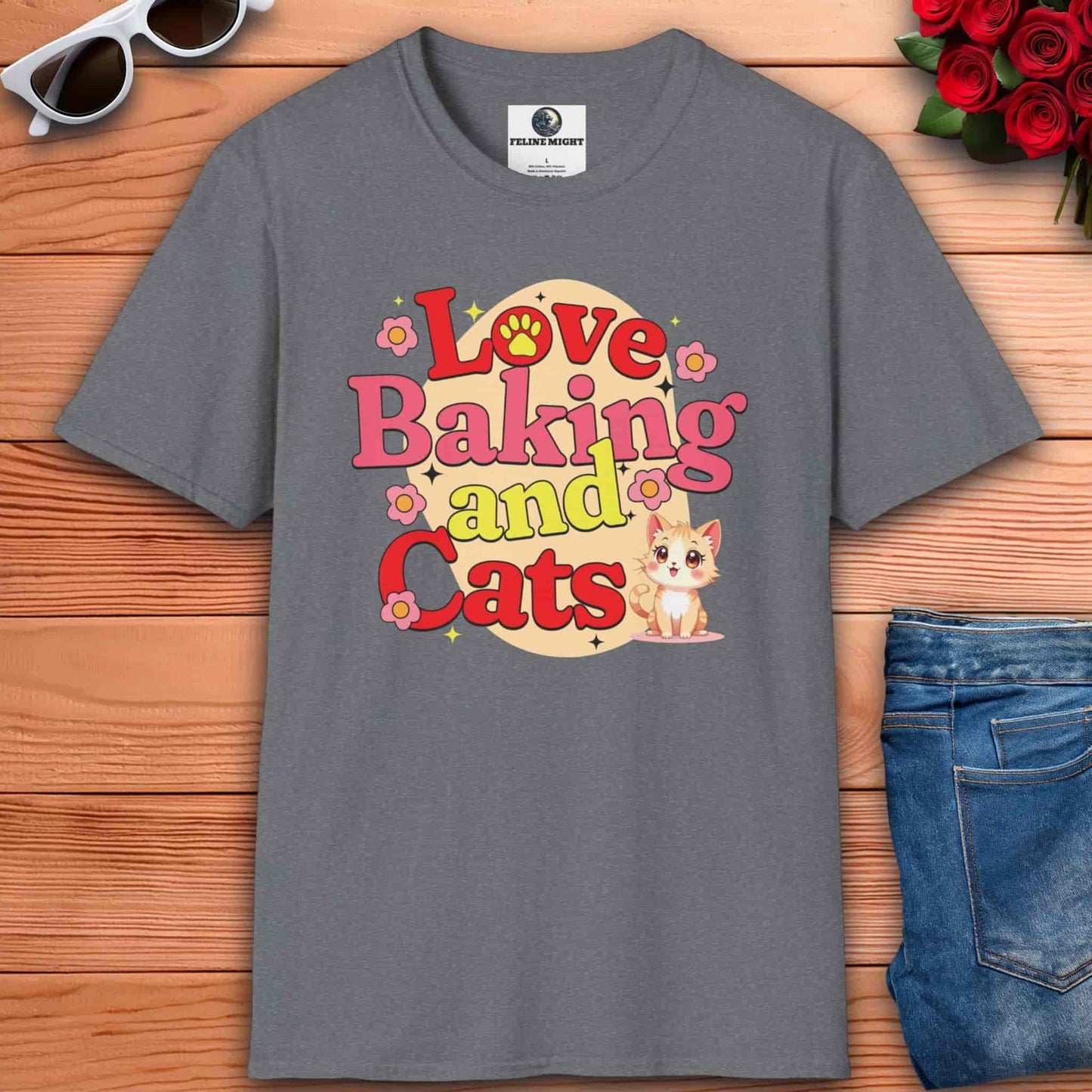 Athletic heather grey t-shirt with 'Love Baking and Cats' design featuring a cute cat and flowers