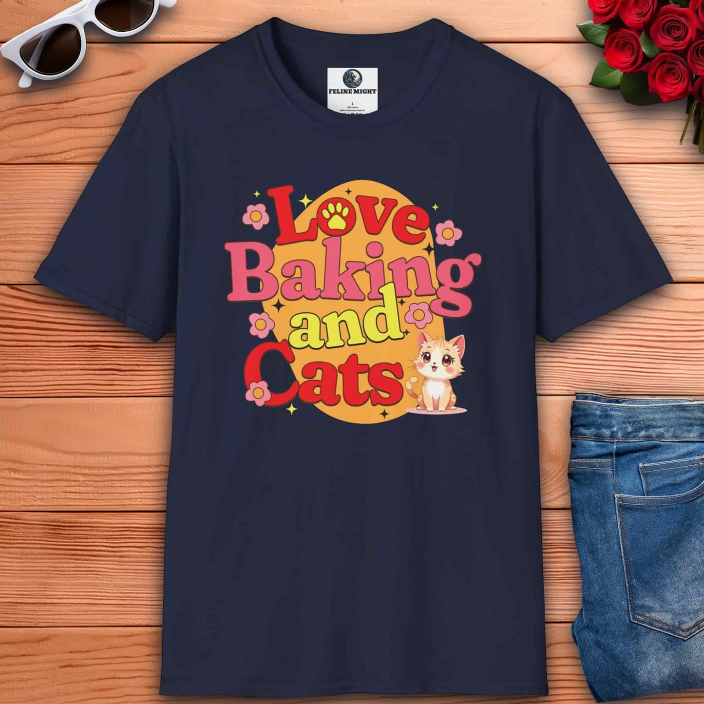 Navy blue t-shirt with 'Love Baking and Cats' design featuring a cute cat and flowers