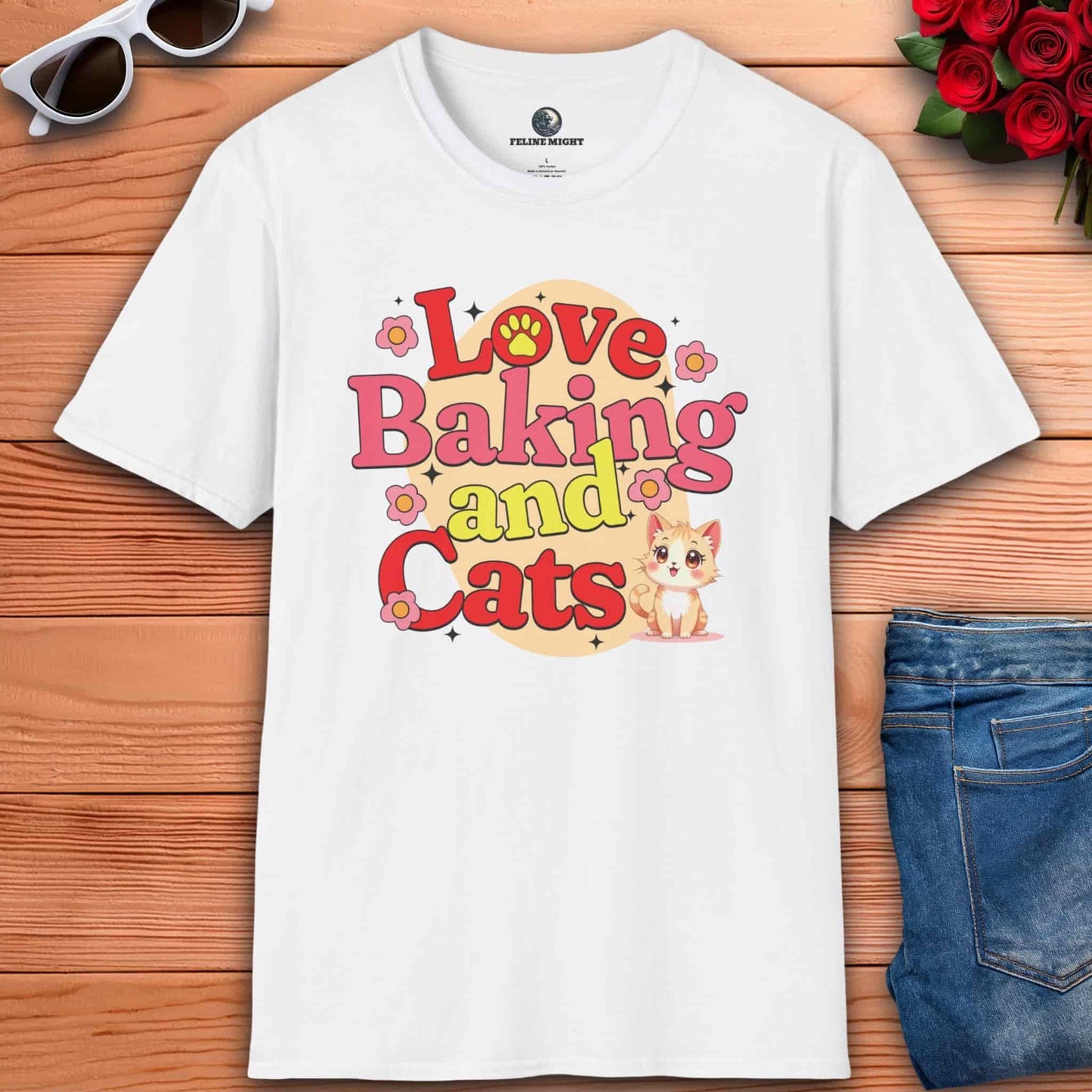 White t-shirt with 'Love Baking and Cats' design featuring a cute cat and flowers