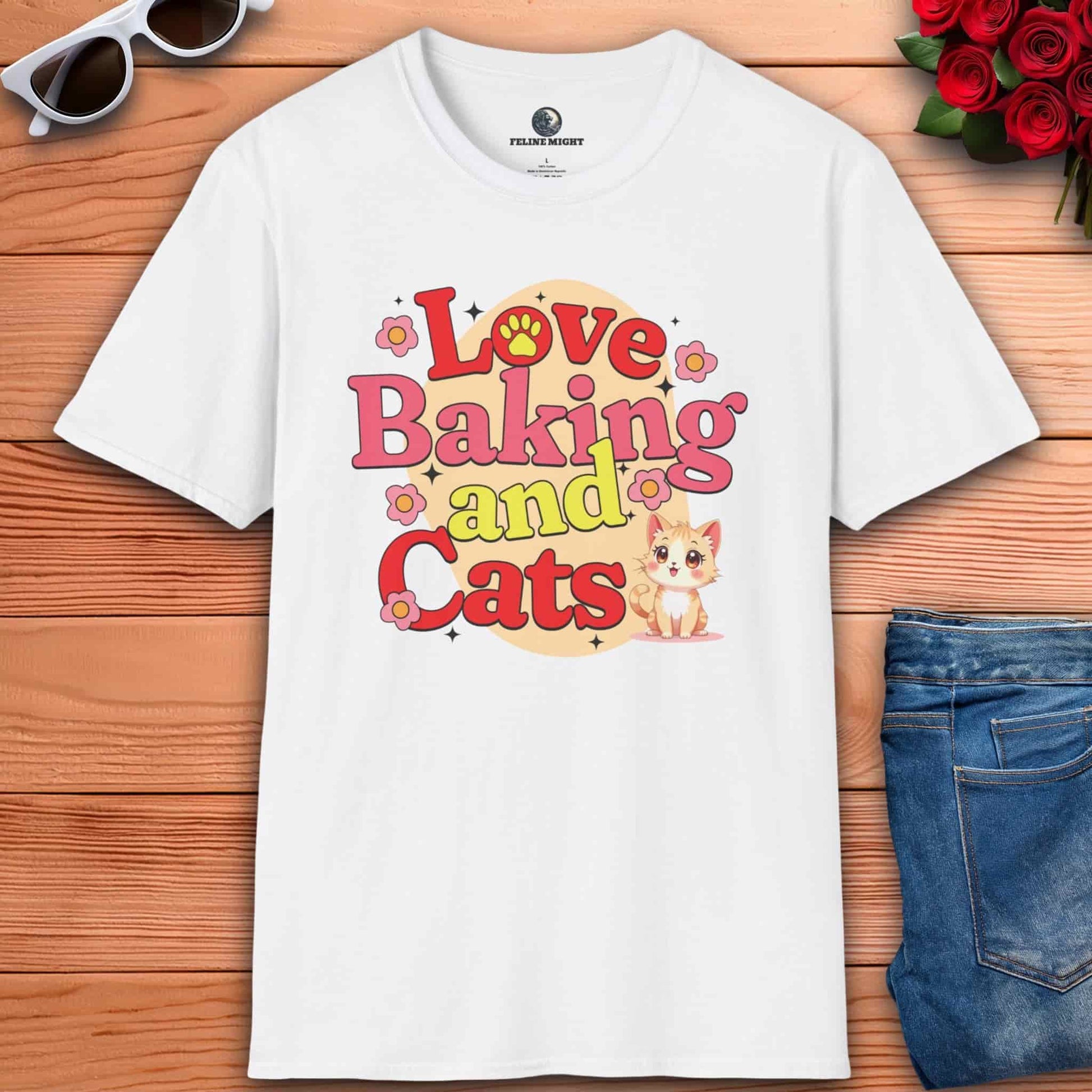 White t-shirt with 'Love Baking and Cats' design featuring a cute cat and flowers