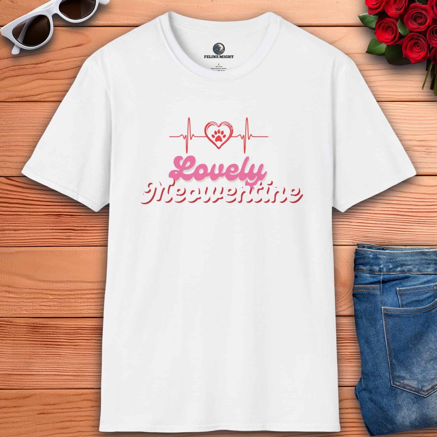 A white Lovely Meowentine Cat T-Shirt with a paw print and a heartbeat line, perfect for cat lovers celebrating Valentine's.