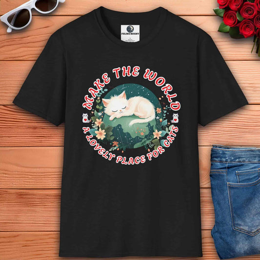 A black Lovely World Cat T-Shirt featuring a cute cat design and the phrase "Make the World a Lovely Place for Cats".
