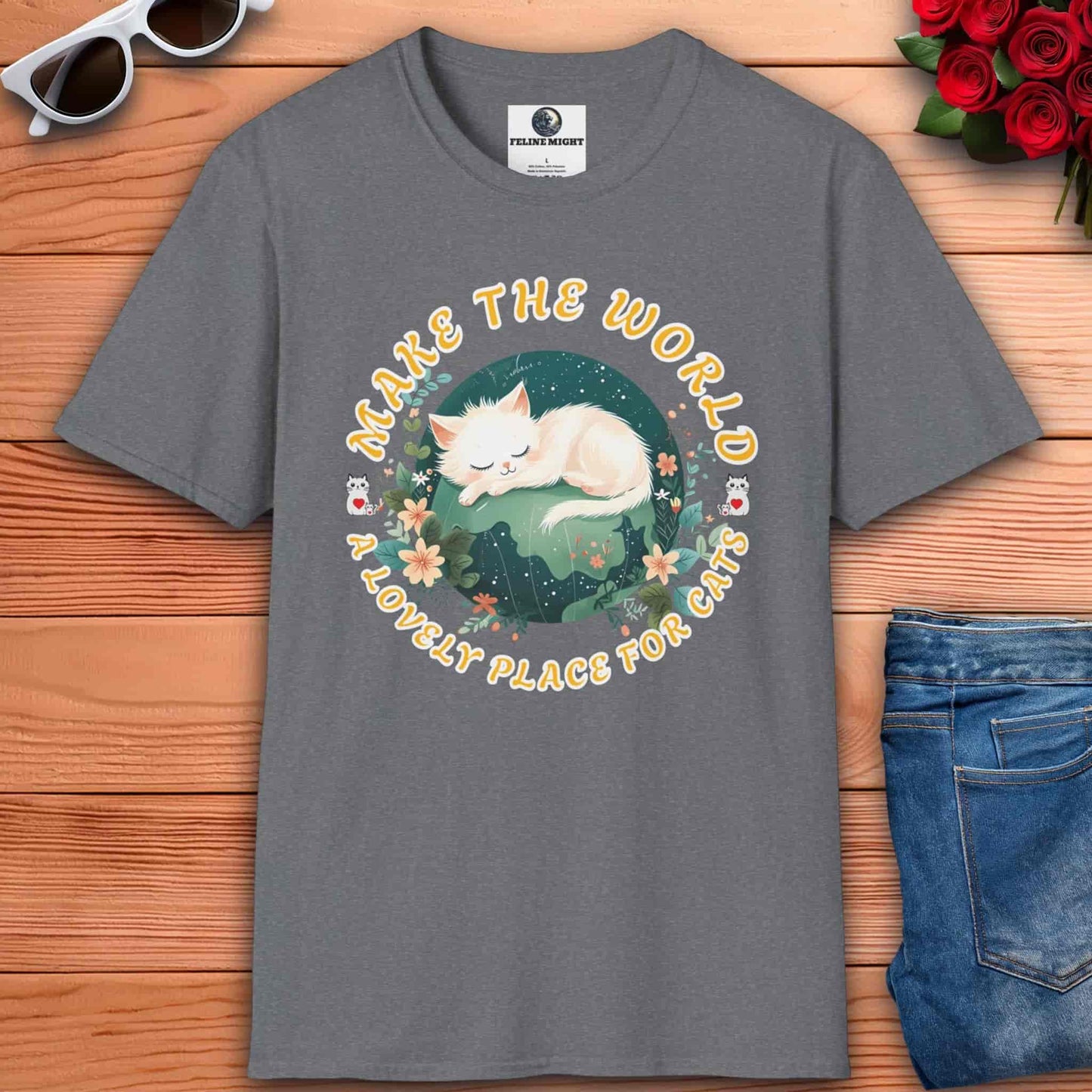 A gray Lovely World Cat T-Shirt featuring a cute cat design and the phrase "Make the World a Lovely Place for Cats".