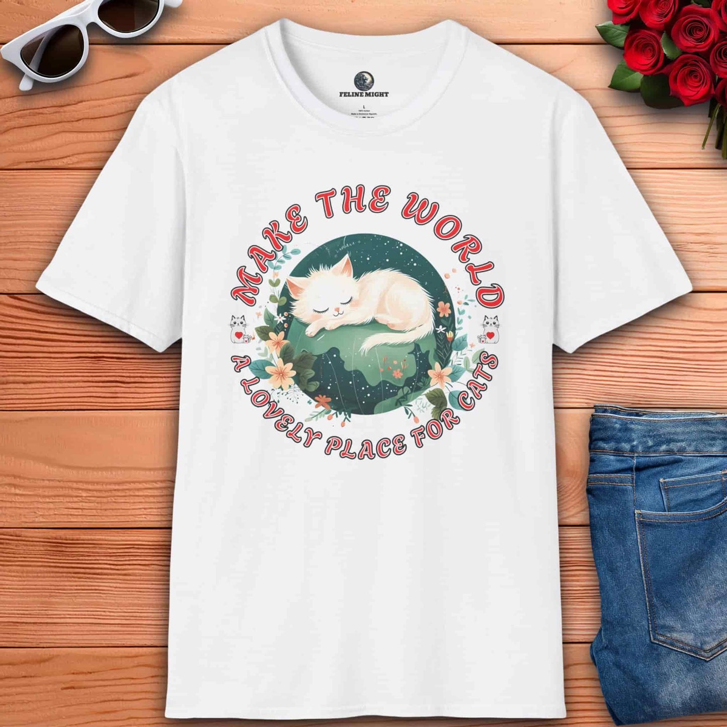 A white Lovely World Cat T-Shirt featuring a cute cat design and the phrase "Make the World a Lovely Place for Cats".