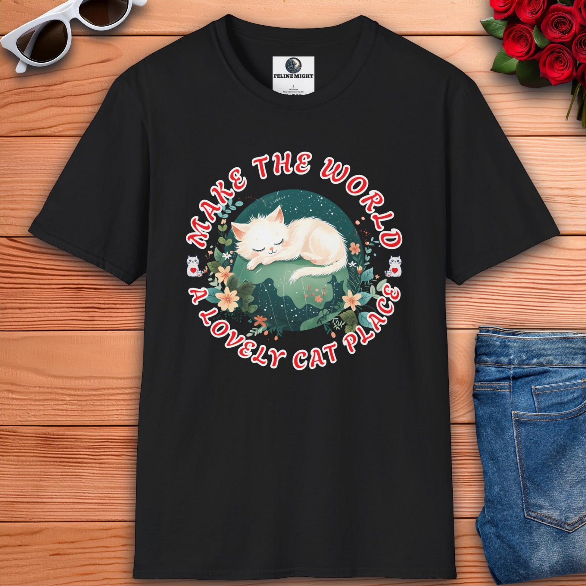 Cute black graphic t-shirt with a sleeping cat design and the phrase 'Make the World a Lovely Cat Place'