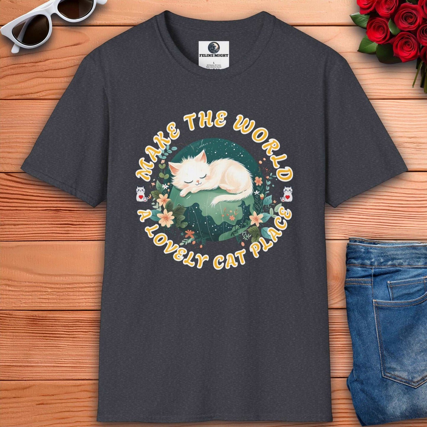 Cute dark heather grey graphic t-shirt with a sleeping cat design and the phrase 'Make the World a Lovely Cat Place'