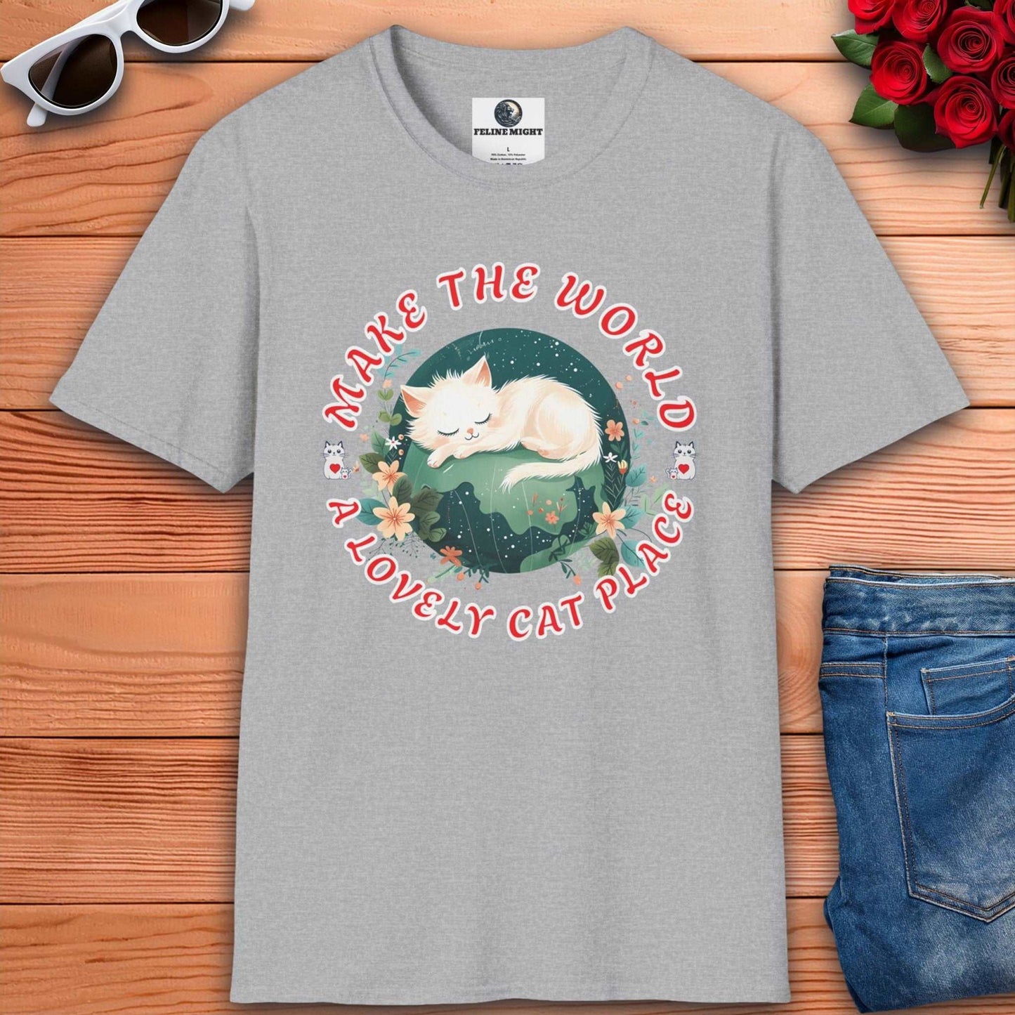 Cute grey graphic t-shirt with a sleeping cat design and the phrase 'Make the World a Lovely Cat Place'