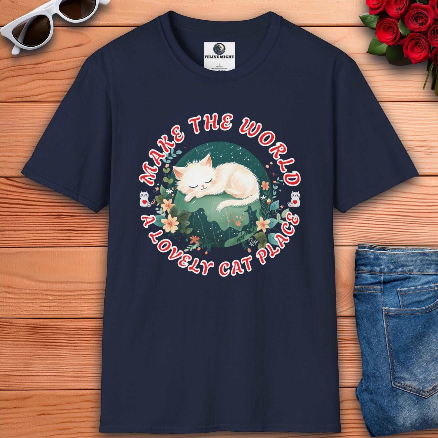 Cute navy blue graphic t-shirt with a sleeping cat design and the phrase 'Make the World a Lovely Cat Place'