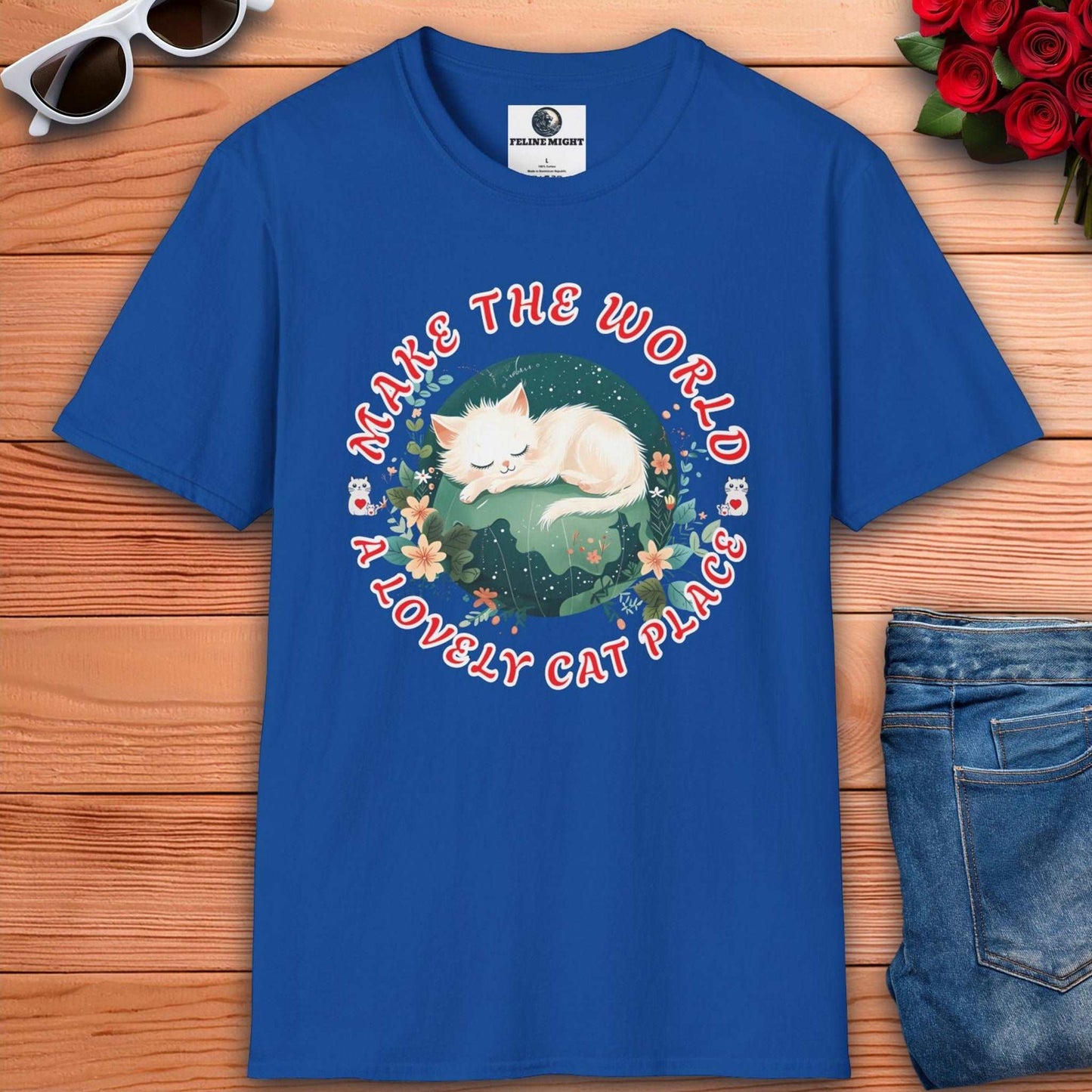 Cute royal blue graphic t-shirt with a sleeping cat design and the phrase 'Make the World a Lovely Cat Place'