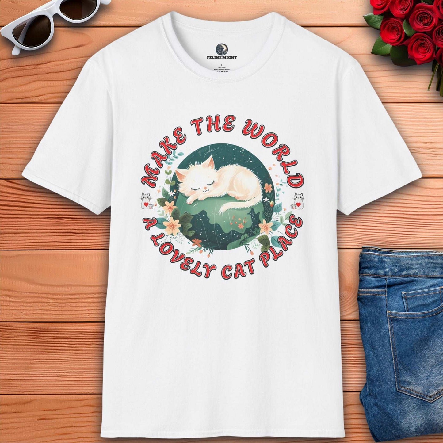 Cute white graphic t-shirt with a sleeping cat design and the phrase 'Make the World a Lovely Cat Place'