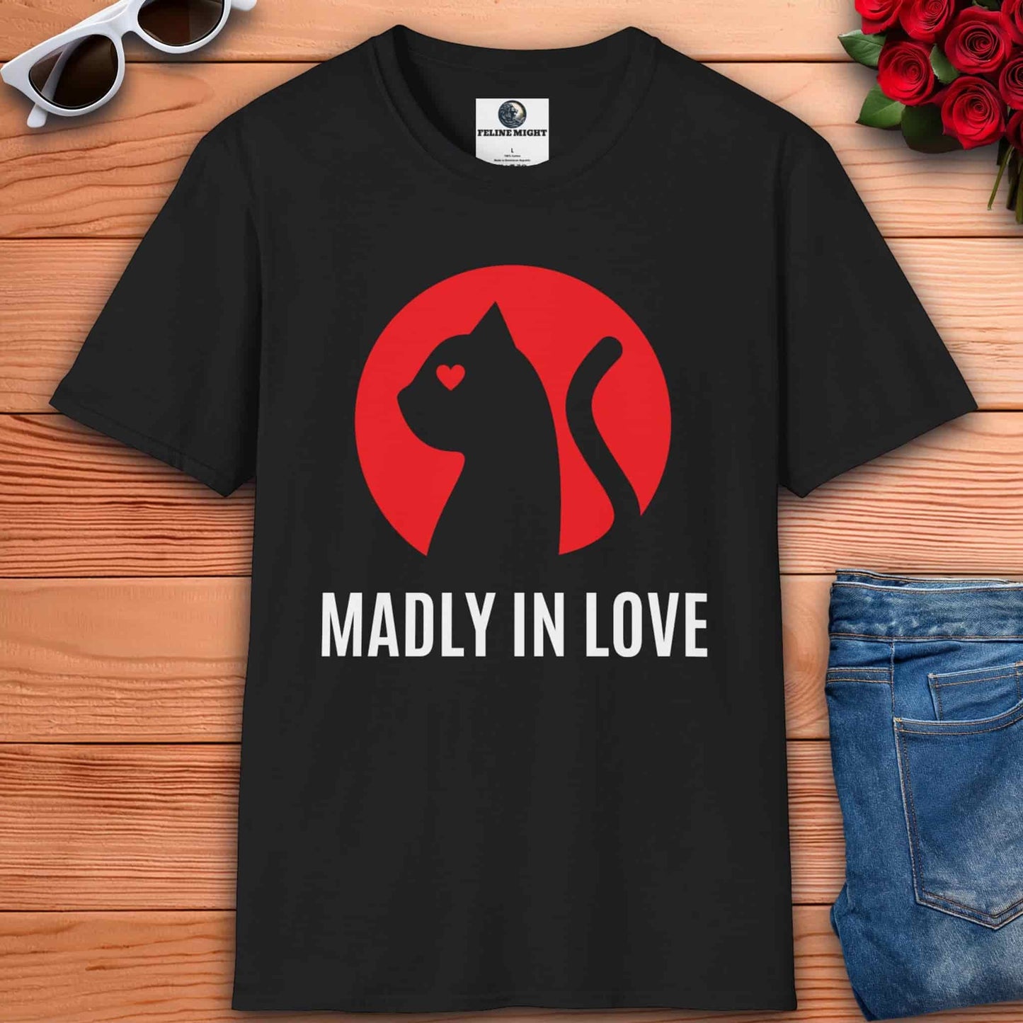 Black t-shirt with 'Madly in Love' and a cat silhouette design