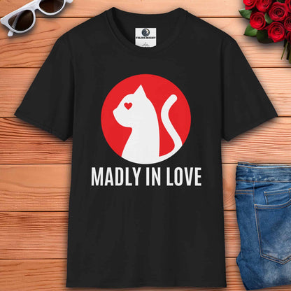 A black Madly in Love Cat T-Shirt featuring a cat silhouette on a red circle, perfect romantic gift for cat lovers.