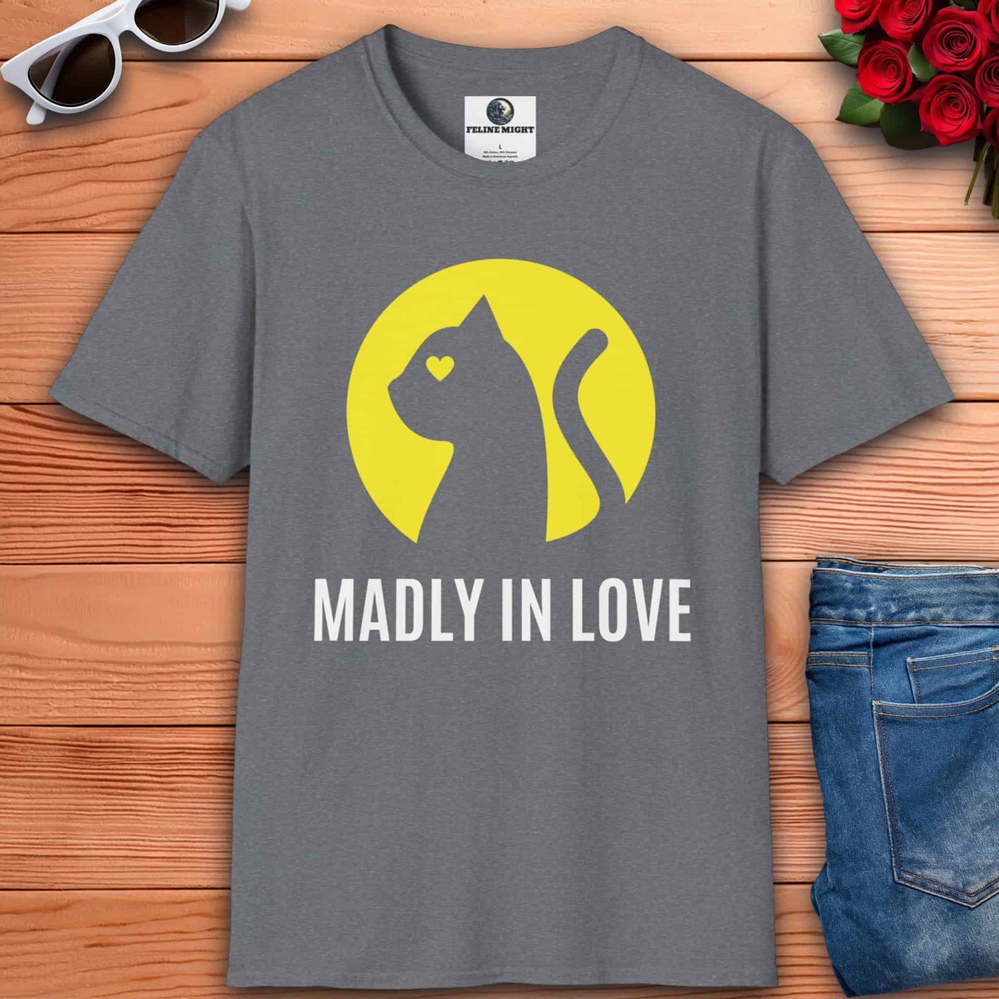 A gray Madly in Love Cat T-Shirt featuring a cat silhouette with a heart, perfect romantic gift for cat lovers.