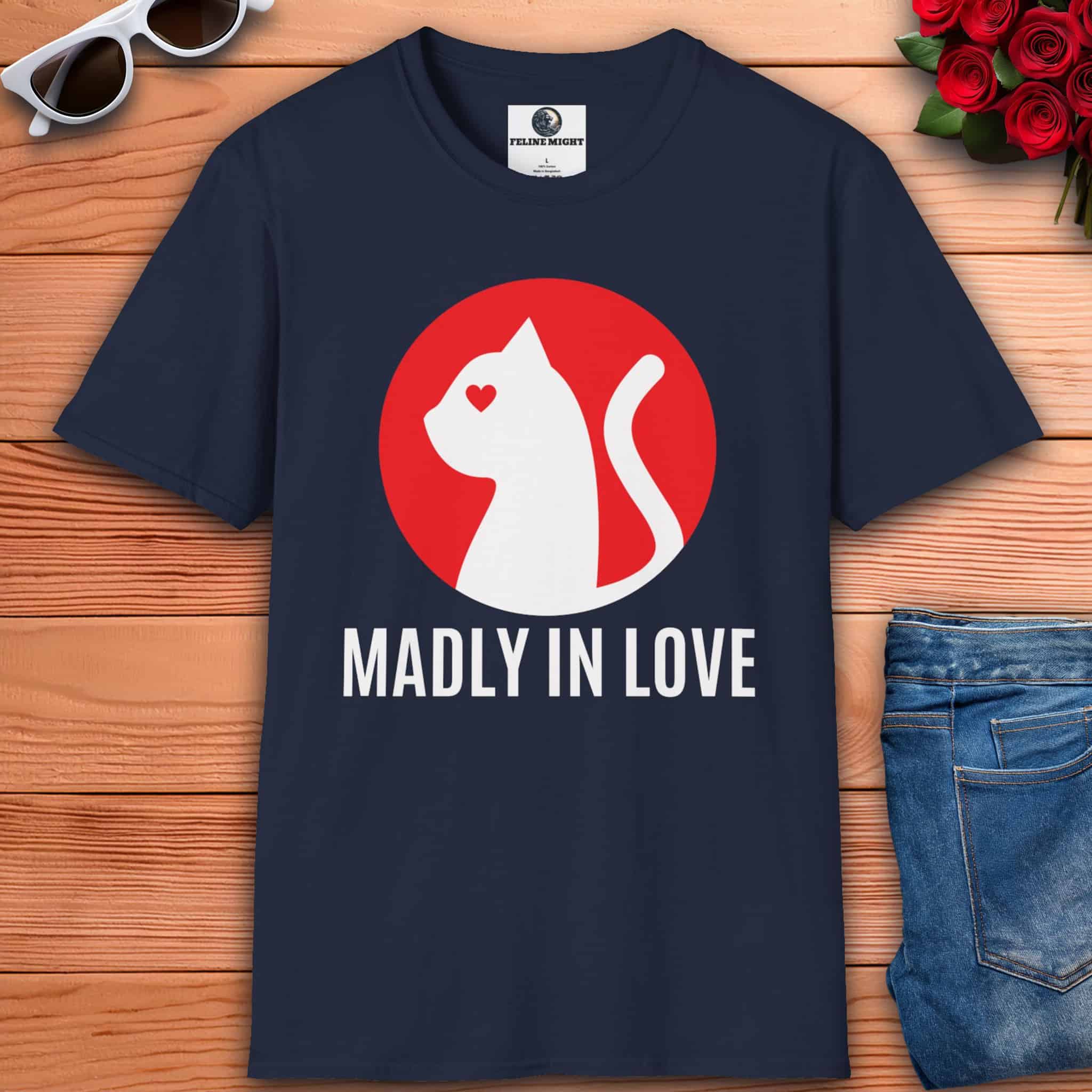 A navy blue Madly in Love Cat T-Shirt featuring a cat silhouette on a red circle, perfect romantic gift for cat lovers.