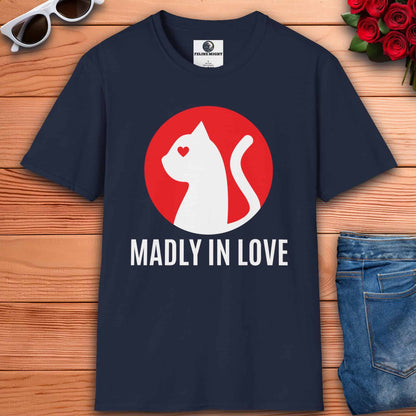 A navy blue Madly in Love Cat T-Shirt featuring a cat silhouette on a red circle, perfect romantic gift for cat lovers.